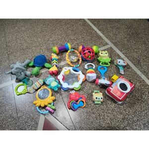 Lot of 17 Assorted Baby Toddler Toys Rattles Teethers Mirrors Crinkle Toy Bundle